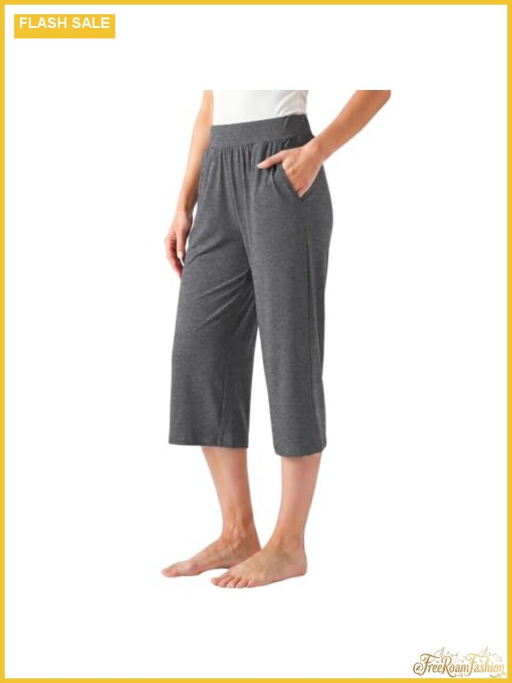 Wide Leg Capri Sweatpants Cropped Lounge Pants Elastic Waist Pockets